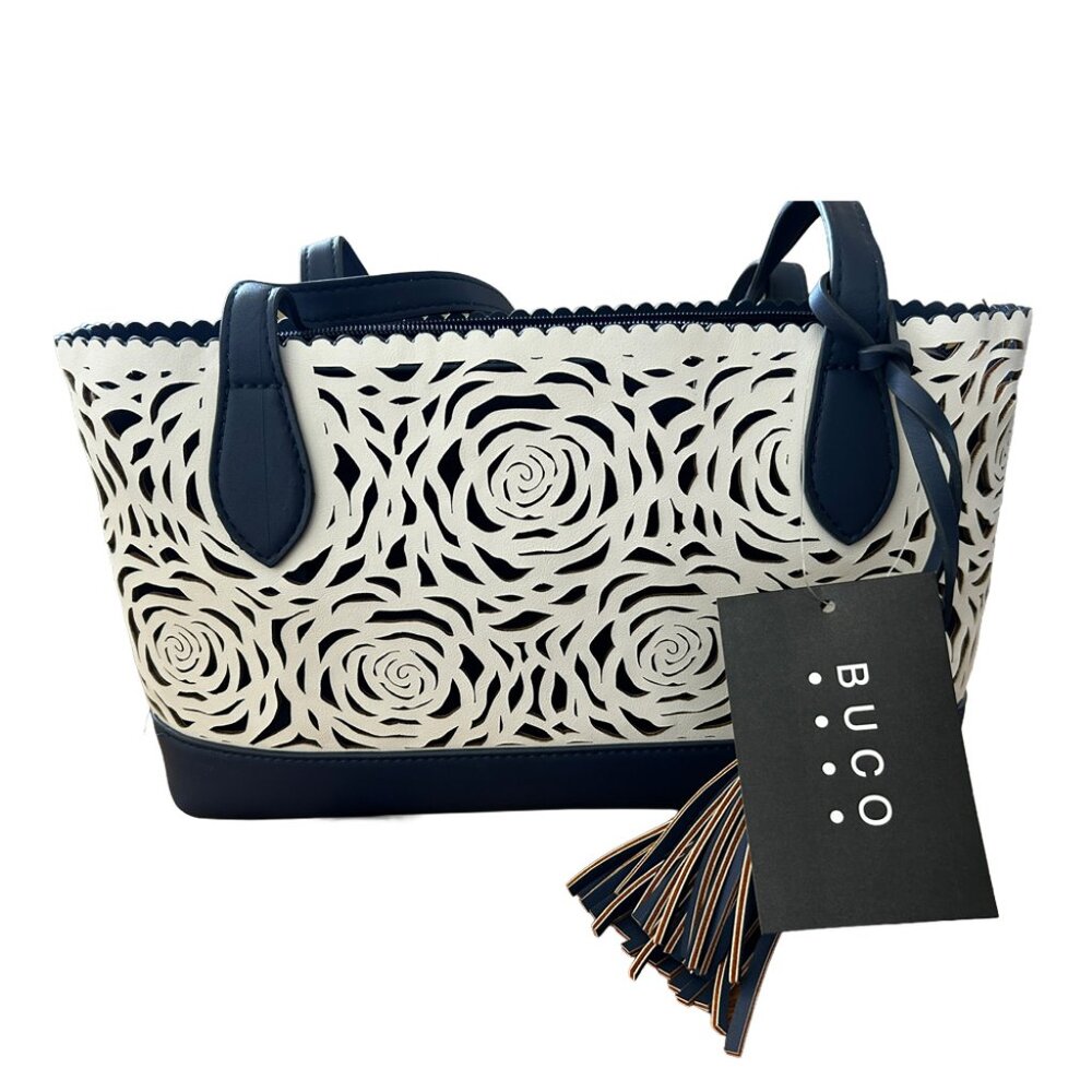 NEW! BUCO handbag, white leather floral cutout on outside, 3 pockets inside